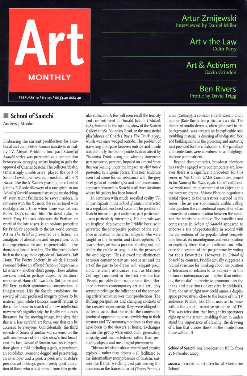 Art Monthly – School of Saatchi By Andrew J. Stooke