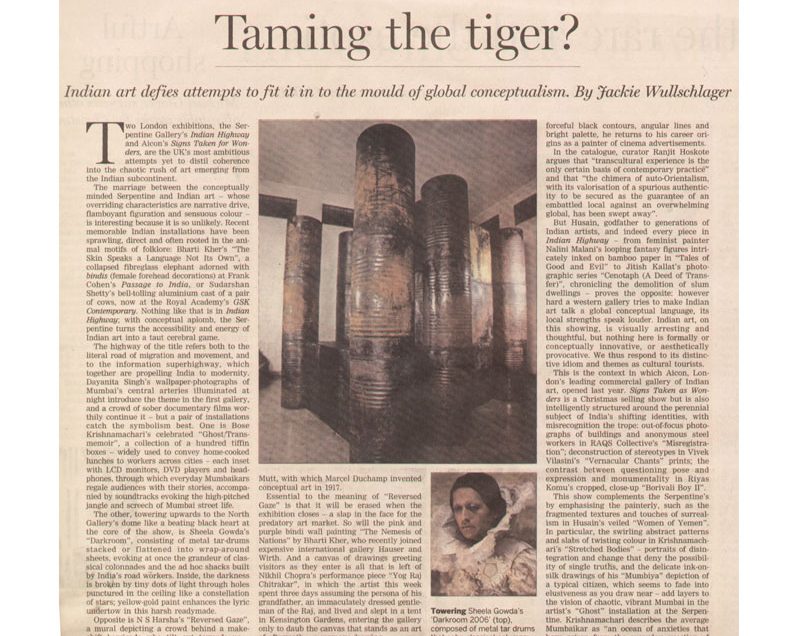 The Financial Times Weekend – “Taming the tiger?” Jackie Wullschlager – 13 Dec 2008